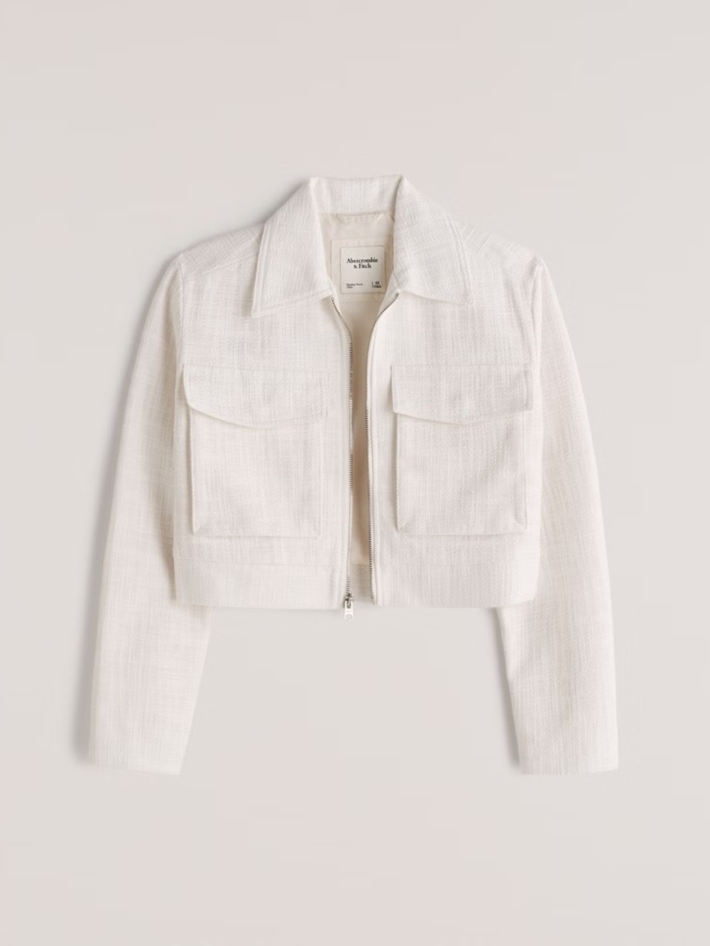 Abercrombie & Fitch Cropped White Tweed Zip-Front Jacket